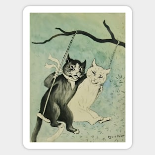 A Black and a White Cat on a Swing with Green Background by Louis Wain Sticker